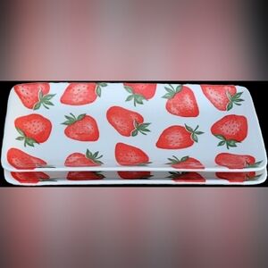 🔥SET OF 2🔥🆕️Strawberry Theme Rectangular Ceramic Serving Trays 7.75" x 3.5"